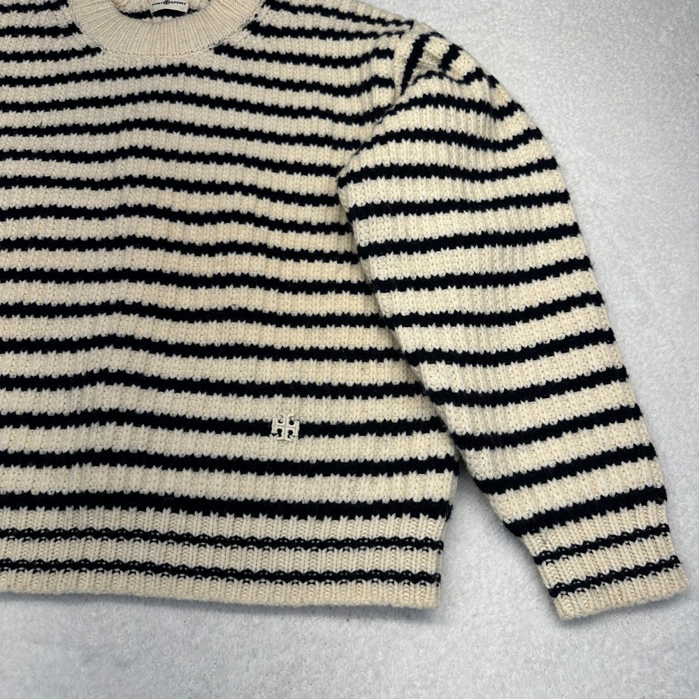 Tory Sport Merino Wool Striped‎ Sweater Cream Black Boxy Women's XS - Picture 3 of 9